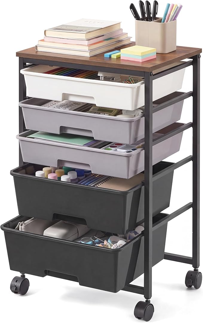 VASAGLE 5-Drawer Rolling Storage Cart, Mobile Organizer Trolley with Wood Top and Metal Frame, for Craft Room, Office, 15.6 x 11.2 x 24.8 inch, Black, BENCO Collection ULRC005B101