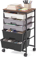 VASAGLE 5-Drawer Rolling Storage Cart, Mobile Organizer Trolley with Wood Top and Metal Frame, for Craft Room, Office, 15.6 x 11.2 x 24.8 inch, Black, BENCO Collection ULRC005B101