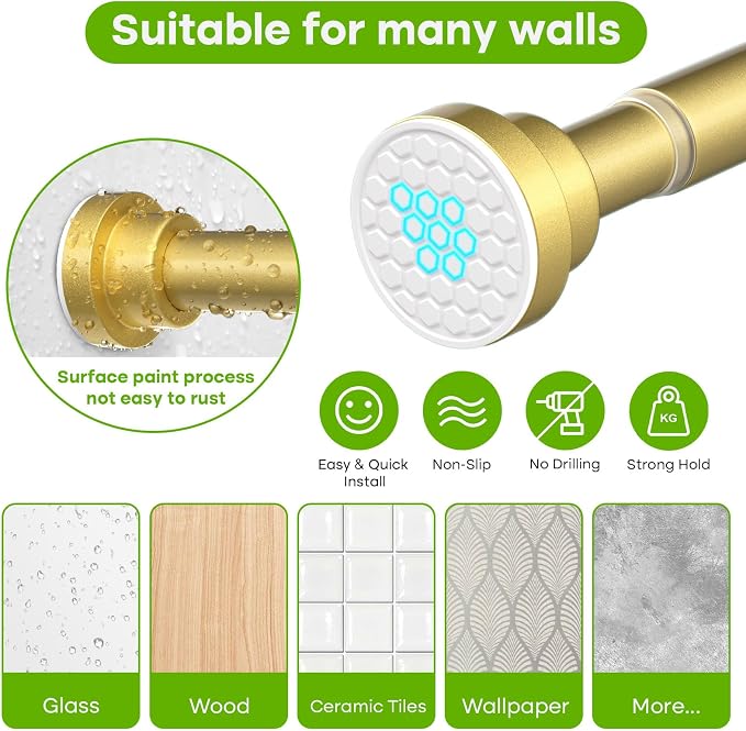 Tension Curtain Rod for Windows 28-48 Inch Curtain Rods No Drilling Gold Tension Rod Small Shower Rod Adjustable Curtain Rods for Closet, Doorway