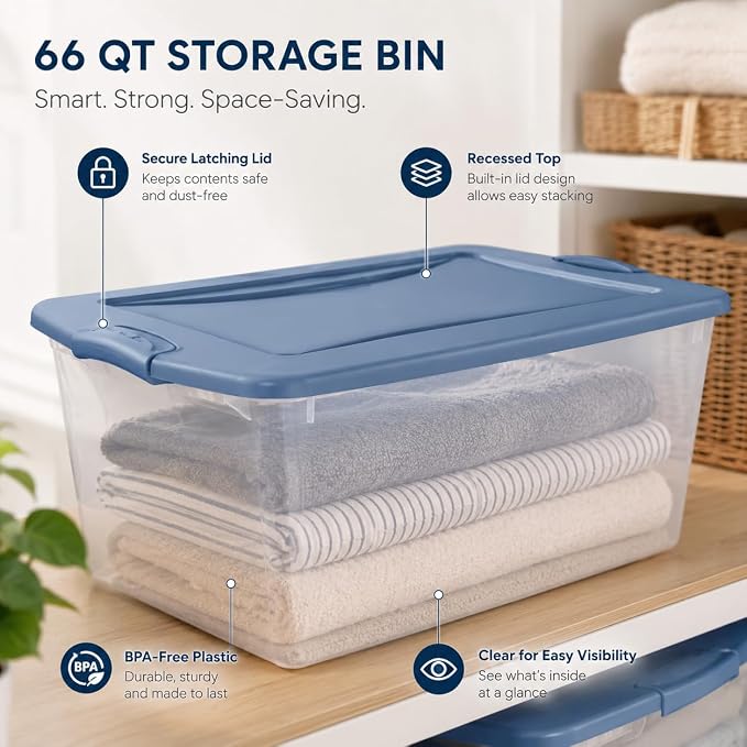 66 Quart Clear Plastic Storage Container with Latch Lid, Blue, 6 Pack | Clear Base & Lid, Secure Blue Latches, Recessed Stacking, 66Qt Capacity, BPA-Free Plastic