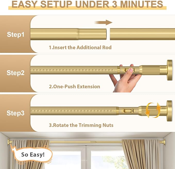 Gold Tension Curtain Rod 41-118In(4-9Ft), Outdoor Curtain Rod No Drilling for Window or Patio, Heavy Duty Shower Rod for Bathroom,Rod Diameter 1.26In-One-bond stretching