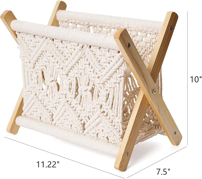 Mkono Macrame Magazine Holder, Boho Woven Book Rack Basket, 11.2"L x 7.5"W | Boho Decor, Mail Paper Vinyl Storage, Living Room Bedroom Bathroom Nursery Dorm Office, Handwoven,Space-Saving, Ivory