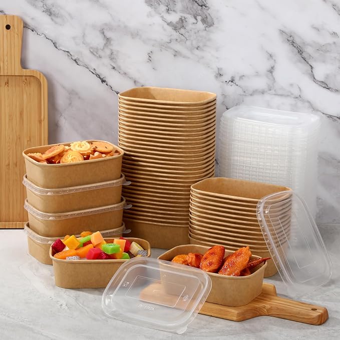 Maxdot 50 Pack 22 oz Disposable Food Containers with Lids Paper Food Containers Bowls for Meal Prep, Salad, Ice Cream, Yogurt, Soup Bowls Party Leftover Box