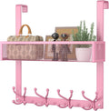 Consumest Over The Door Hooks Organizer - 2 Tier Over Door Hanger with 16 Hooks & 2 Baskets for Hanging Coat, Clothing, Towel, Back Storage for Bathroom, Closet, College Dorm, Pink