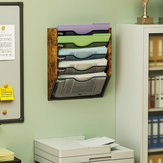 Ironwood Hanging Wall File Organizer, 5 Pocket Mesh Mail Organizer Wall Mounted with Nametag Label, Wall File Holder for Office Home School, Magazine Rack for Mail Paper Document Organization, Black