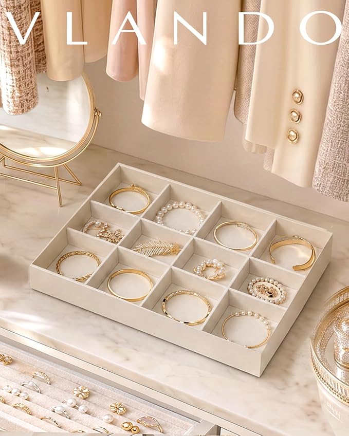 VLANDO Stackable Jewelry Tray, Drawer Organizer for Bracelets, Beige | Wide Sections, Soft Velvet Lining, Raised Edge, Fits Bangles, Watches, Daily Pieces, Gift for Women Girl