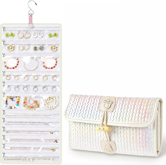 32-Pocket Hanging Jewelry Organizer and Foldable Travel Roll | Clear Zippered Pockets, Necklace Clasps, Swivel Hook and Carry Buckle Keep Pieces Visible and Tangle-Free, White