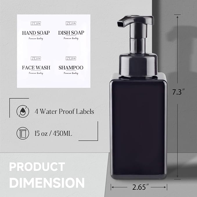 15OZ Foaming Soap Dispenser, 2-Pack Plastic Hand Soap Dispenser, Refillable Leakproof Foam Pump Bottle with Waterproof Labels, for Shampoo, Body Wash
