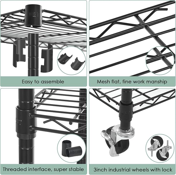 WDT 6 Tier Shelf Shelving Unit with Wheels,Adjustable Metal Shelves for Storage, NSF Black Wire Shelving Rack, 2100Lbs Capacity Heavy Duty Shelving Storage Shelves for Kitchen Garage,47" Dx17 Wx80 H