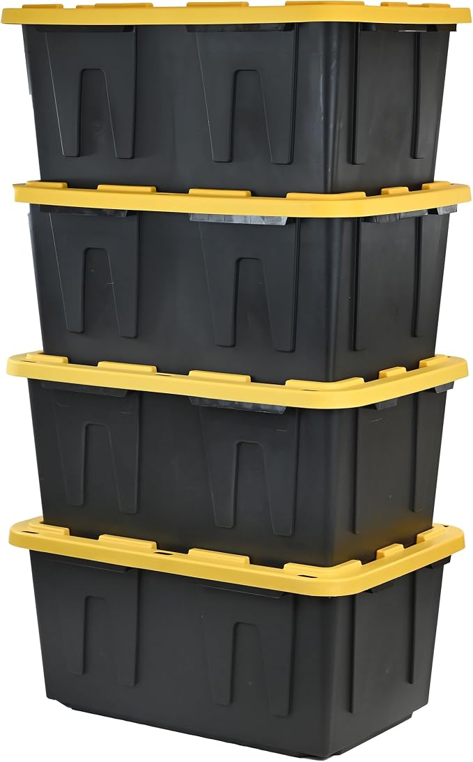 CX Black & Yellow 27-Gallon Heavy Duty Stackable Storage Bins with Lids, Dorm Room Essentials, Moving Boxes, Back to School, Classroom Organization, Home Organization, 4 Pack (14.3"H x 20.6"W x 30.6"D)