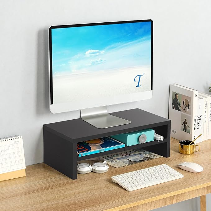 TEAMIX 2 Tiers Wooden Desktop Monitor Stand Riser 20 Inch Printer Stand with Double Storage Small TV Riser Laptop Keyboard Holder Business Desk Organizer Shelf Black Bookshelf | Laptop/PC/Printer Stand, Wood Desk Bookshelf, Ergonomic Design, Holds 80 L...
