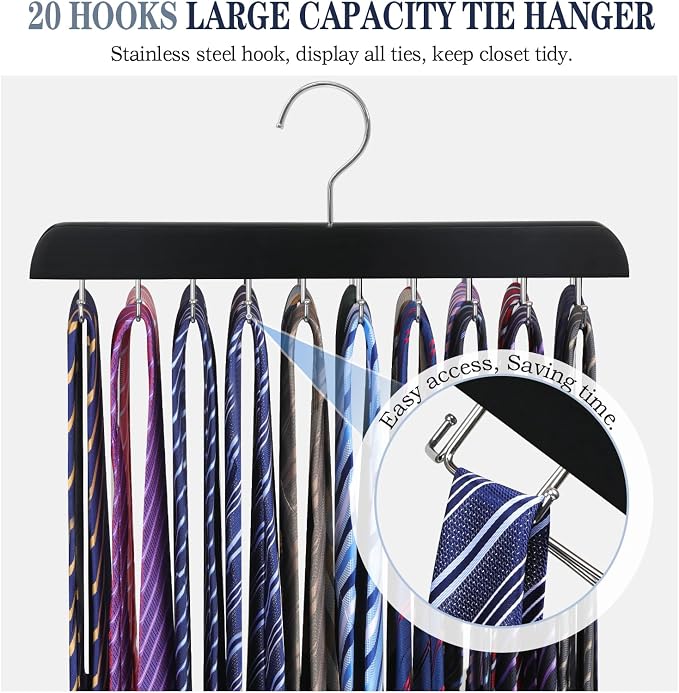 1PC Tie Rack Organizer, Tie Hanger for Closet with 20 Foldable Hooks, Black | Non Slip Neck Tie Organizer, Large Capacity, Space Saving, 360° Rotating Hook, Fits for Tank Tops Bras Cami Scarves