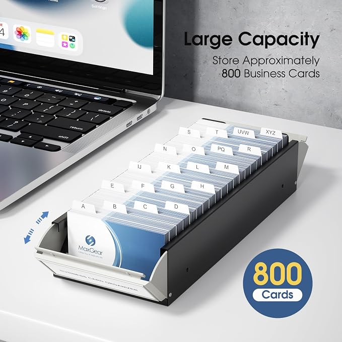 MaxGear Business Card Holder for Desk, Capacity: 800 Cards (3.5” x 2.2”) | Large Plastic Business Card Organizer Box, Credit Cards Holder File Box Storage, A-Z Tabs, Metal Structure, Black