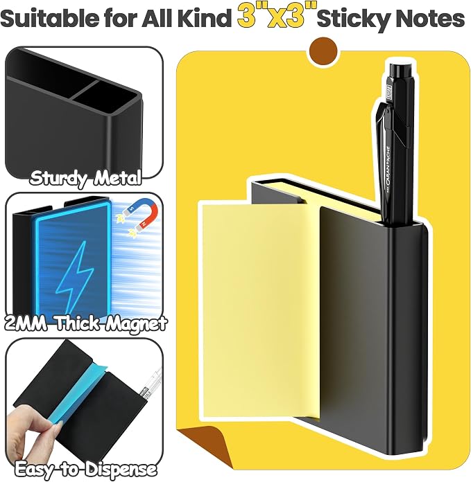 4Pcs Sticky Note Dispenser, Magnetic Sticky Note Holder for Post It Notes, 3 x 3 Inch Sticky Note Pen Organizer for Office Home Classroom, Black