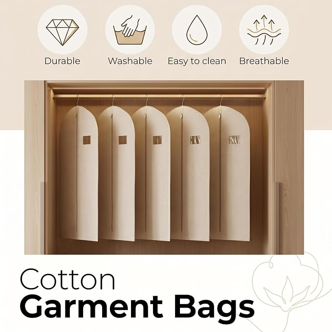 5 Pack Cotton Garment Bags for Hanging Clothes, 24 x 40 Inch | Breathable Canvas Suit Bags Linen Hanging Suit Cover for Closet Storage Short Dresses Suits Gowns Travel Garment Cover