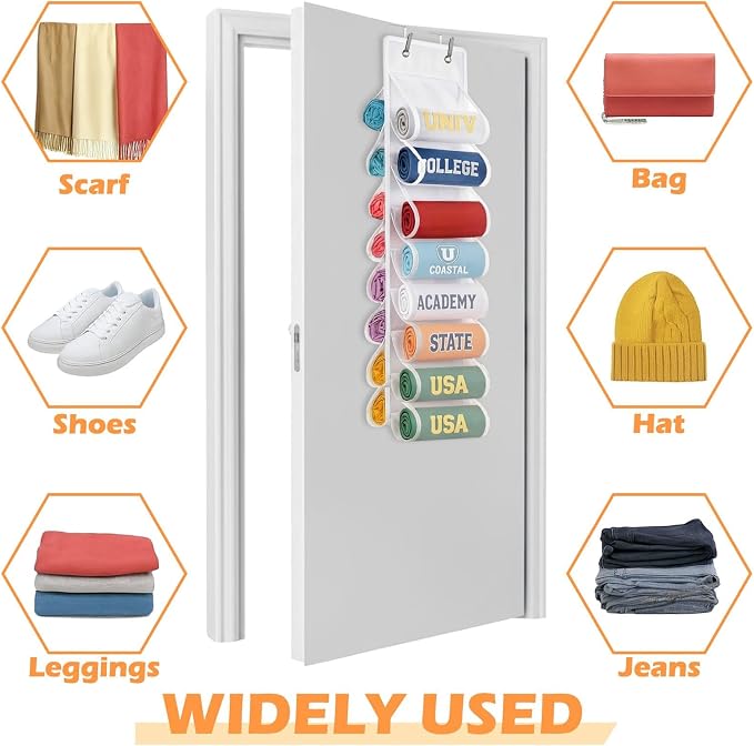 Over The Door Hoodie Organizer, Double Sided Holds 16 T-Shirts, White Hanging Storage with 2 Hooks and Rope for Door Closet Cabinet Use, Ideal for Dorm Rooms Bedroom (White)