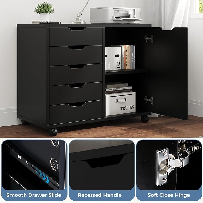 DUMOS 5-Drawer Mobile File Cabinet, Wooden Printer Stand with Storage | Under Desk Cabinets with Adjustable Shelf & Wheels for Home Office Organizer Storage Craft Room, Black