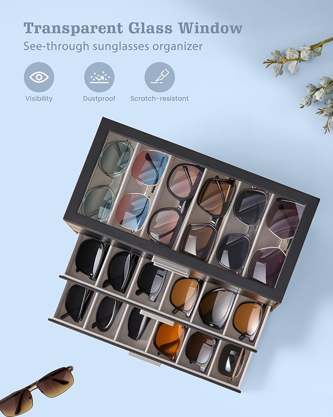 Lolalet Sunglasses Storage Box for Women, Eyewear Eye Glass Organizer with Clear Top Display Holder Case