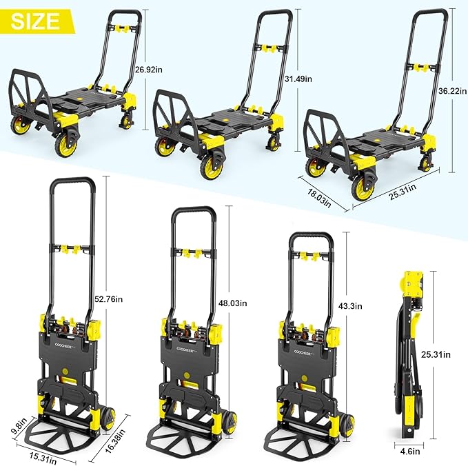 330LB Folding Hand Truck Heavy Duty Carrying, Combination of Four Wheels and Two Wheels Convertible Dolly Cart with Retractable Handle Dolly for Moving Office Carts(Yellow)