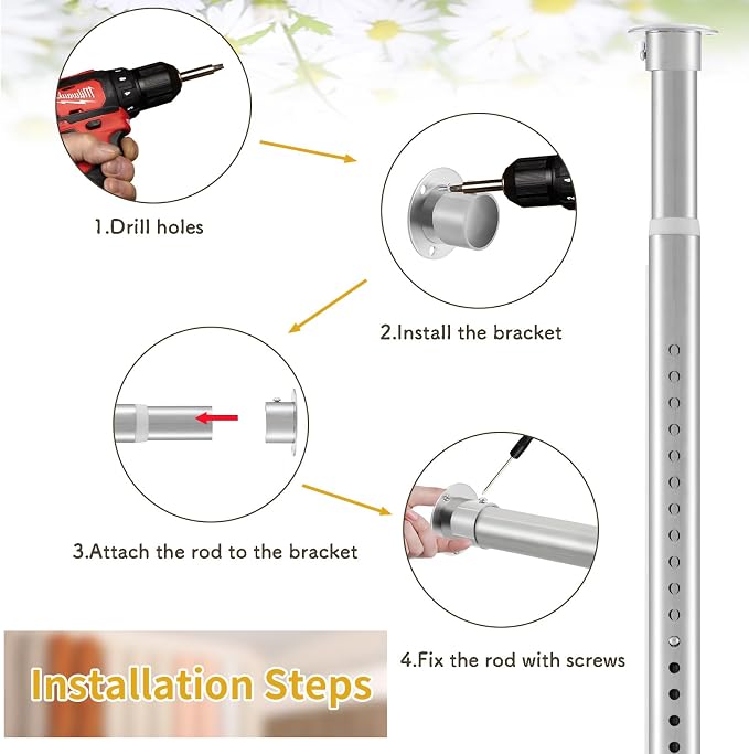 Closet Rod, 17 to 51 Inch Closet Rod for Rugged Durability, 1.3 Inch Diameter Heavy Duty Closet Rods for Hanging Clothes, Splicing Adjustment, Premium Metal Silver Closet Poles for Wardrobes