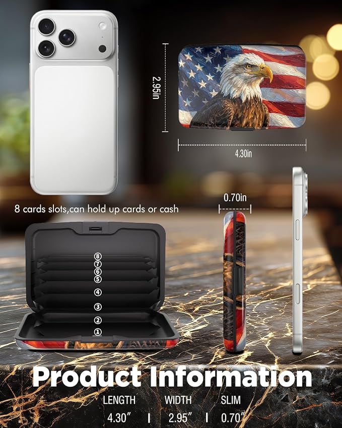 Maicican RFID Blocking Aluminum Credit Card Holder | Slim Metal Wallet for Women & Men, Business Card Case for Travel, Fits Front Pocket, Card holder wallet - American Flag Eagle