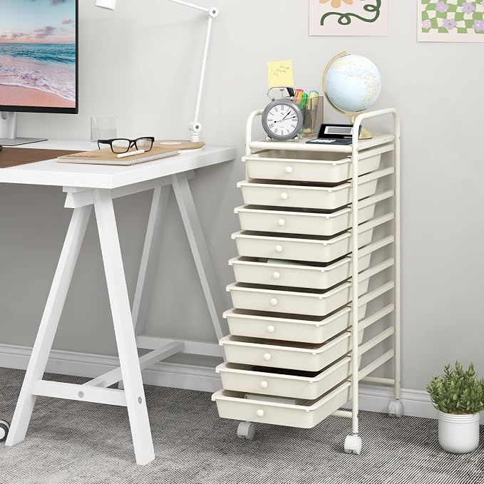 DREAMADE Rolling Cart with Storage Drawers, Utility Cart w/Removable Plastic Drawers, Lockable Wheels, Art Cart for Classroom Organization Art Supplies Office Scrapbook (10 Drawers, White)