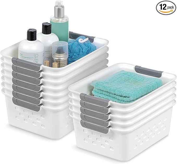 IRIS USA 12-Pack, Small Plastic Storage Basket, White | Organize pantry items, office supplies, crafts, accessories, and household essentials with easy-carry storage for shelves