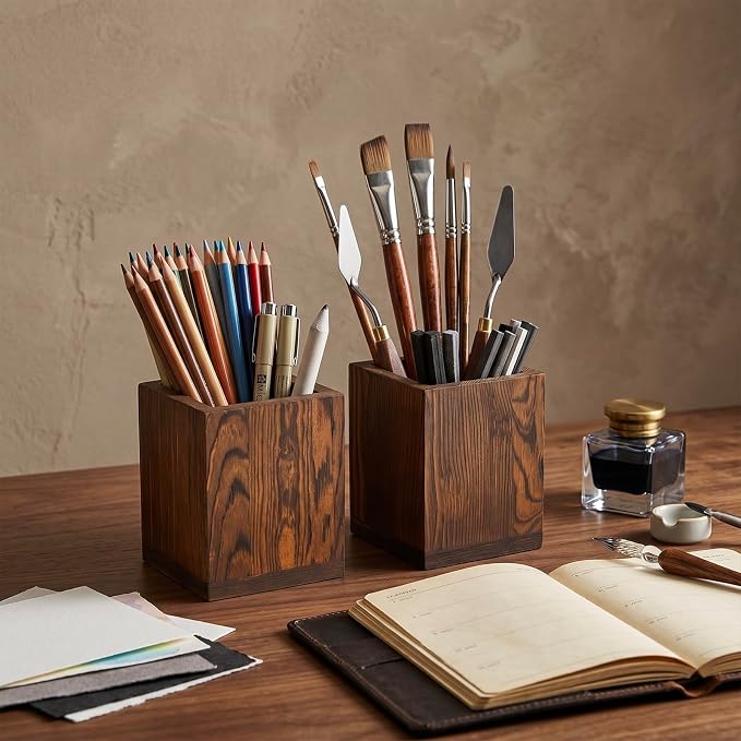 MyGift Set of 2 Natural Grain Wood Desktop Pen Holder Pencil Holder Cup, Office Dorm Home Desk Supplies Organizer