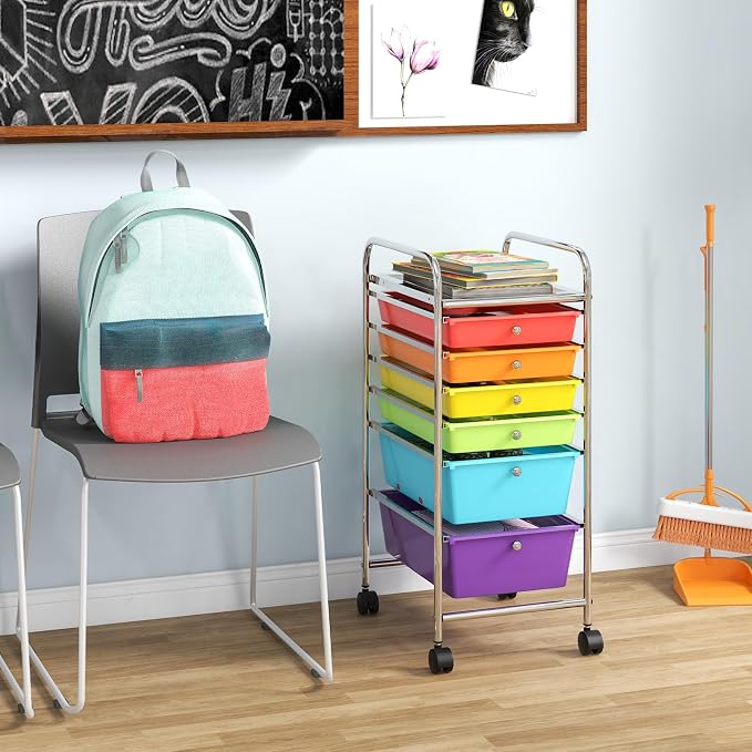 DREAMADE Rolling Rainbow Cart with 6 Drawers, Utility Cart with Removable Plastic Drawers, Lockable Wheels, Art Cart for Classroom Organization Art Supplies Office Scrapbook (6 Drawers, Multi-color)