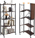 5-Tier Foldable Storage Shelves with Wheels, Folding Metal Shelf Unit, Folding Bookshelf no Assembly, Collapsible Shelves for Craft Shows for Kitchen, Bedroom, Living Room, Rustic Brown