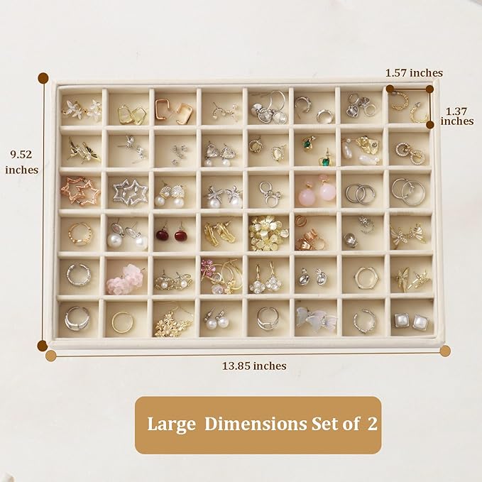 Large Stackable Jewelry Tray 4 Pack Velvet Jewelry Display Drawer Inserts Trays Organizer for Earring Bracelet Necklace Ring (Beige, 48 Grids)