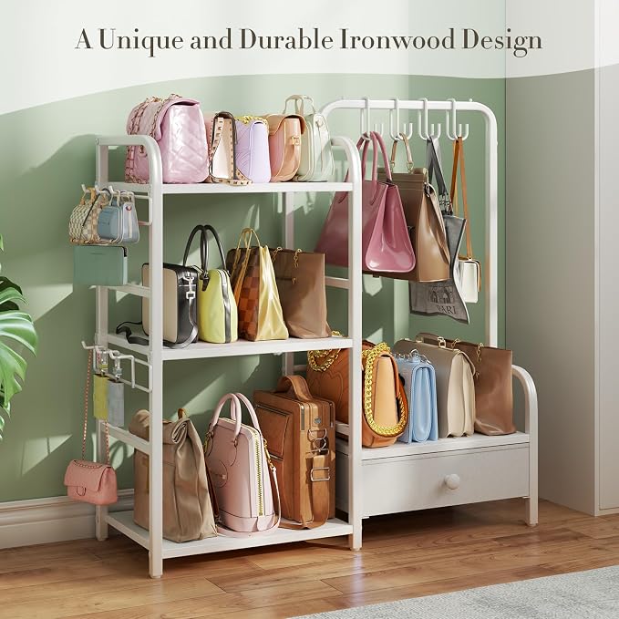 Purse Organizer for Closet, with Bottom Drawer, Extra Large Capacity 3 Tier Handbag Storage Rack for Women, 10 Purse Hanger and Hooks for Bag Organizer, Floor-Standing, Home, Living Room (White)
