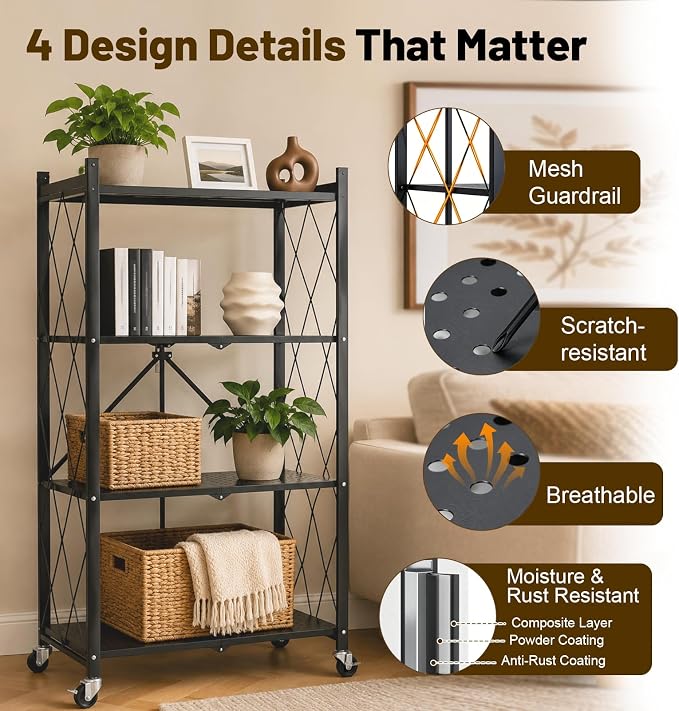 4 Tier Foldable Storage Shelves on Wheels, Heavy Duty Metal Shelving Unit, No Assembly Required for Kitchen, Garage, Pantry, Basement, Bookshelf, Black