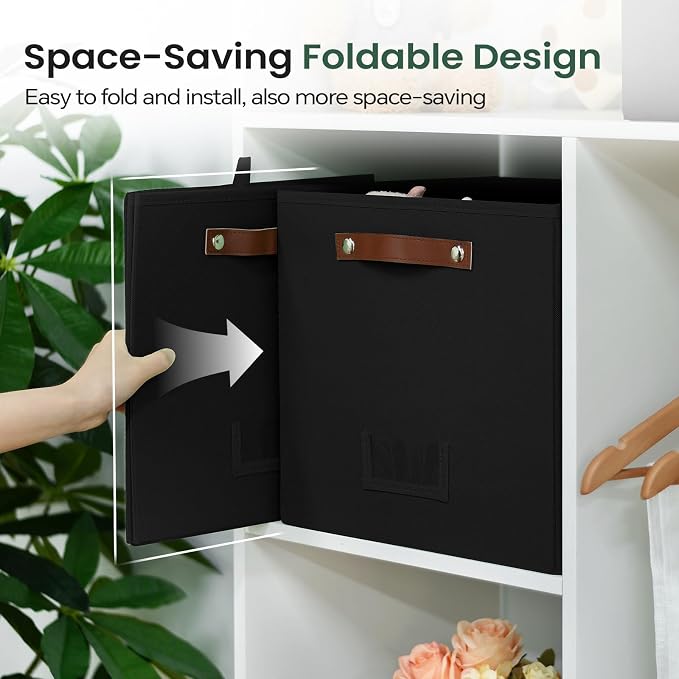 FinishingBo 13 inch Storage Bins with Labels 6 Pack | PU Leather Handles, Foldable Storage Cubes, Storage Baskets, Closet Storage, Black