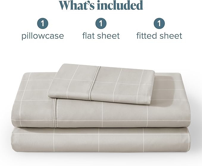 Bare Home Twin XL Sheet Set - College Dorm Size - Luxury 1800 Ultra- Soft Double Brushed Microfiber - Deep Pockets - Easy Fit - 3 Piece Bedding Sheet Set (Twin XL, Grid - Stone/White)