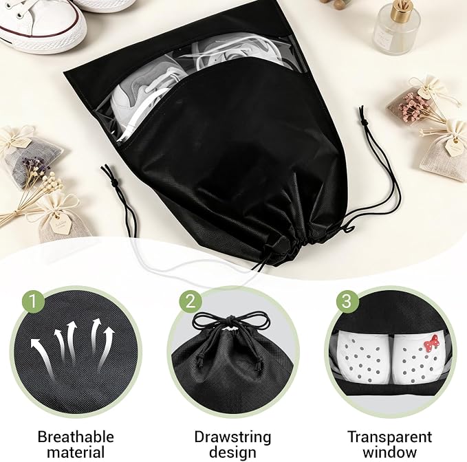 Large Shoe Bags for Packing with Clear Window, 17.3" X 12.6" Dustproof Drawstring Travel Shoe Storage Bags for Men & Women (5, Black)