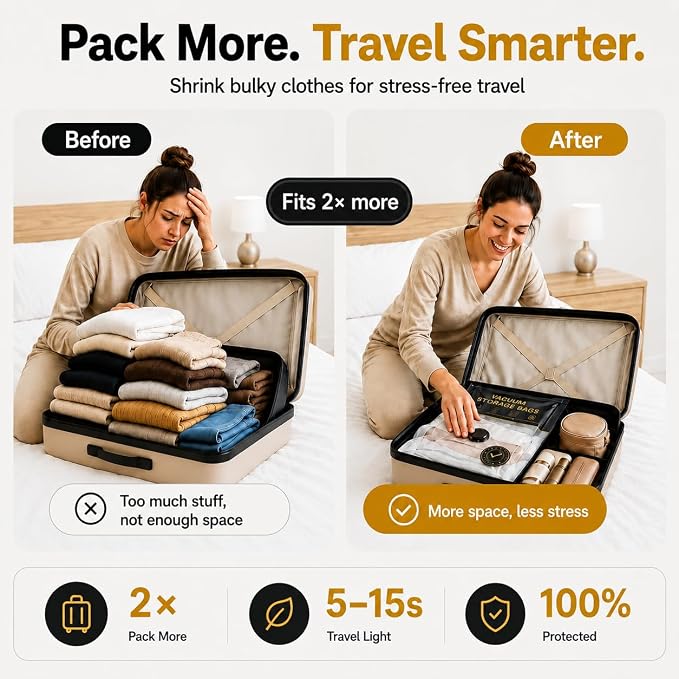 Vacuum Storage Bags with Electric Pump, Travel Vacuum Bags with USB-C Pump, Vacuum Seal Bags for Clothing Travel, Compression Sacks for Suitcase Packing, Reusable Space Saver Bags (12 Pack)