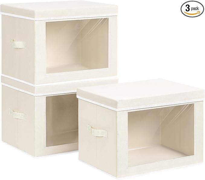 Homsorout Large Storage Baskets Bins with Lids - Stackable Cube Bins for Closet, 3 Pack Beige Windows Organizer Bins, Home Organizers and Storage for Clothes, CD, Towels