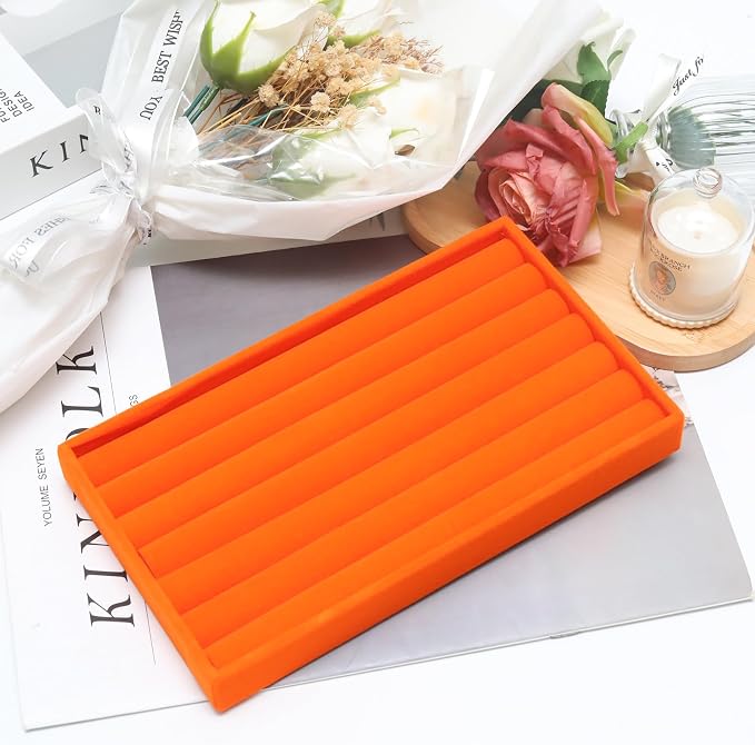Velvet Jewelry Trays for Drawers, Orange Stackable Jewelry Drawer Organizer Inserts, Ring Earring Necklace Bracelet Holder Organizer Storage Display Tray with Removable Dividers, 8 Rolls