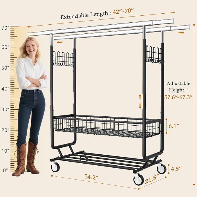 Gewudraw Clothes Rack Heavy Duty Load 1060 LBS With Wheels,Commercial,Black | Double Rod Rolling Clothing Rack,Extendable,Basket, Shelf, Hooks,Garment Rack for Bedroom, Laundry Room & Retail Store