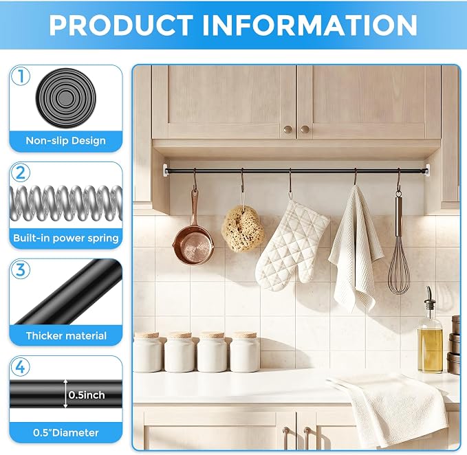 3 Pack Small Tension Rod 26-39 Inch Black Tension Curtain Rod Adjustable Spring Curtain Rods No Drilling Expandable Pressure Curtain Rods for Windows,Closets,Doorway,Kitchen