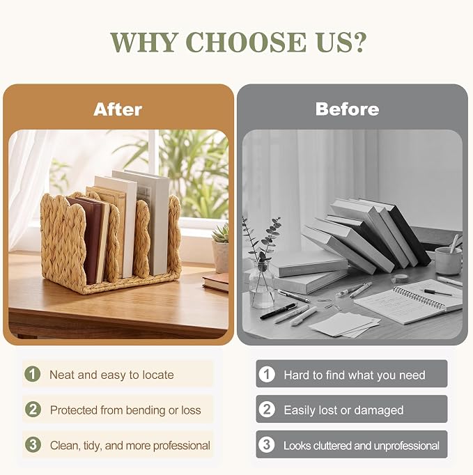 Novabright Scalloped Water Hyacinth Magazine Holder, Wicker Rattan File Organizer, 3 Vertical Compartments Desktop Paper Sorter for Binders, Notebooks, Envelopes, Woven Boho Office Desk Organizer
