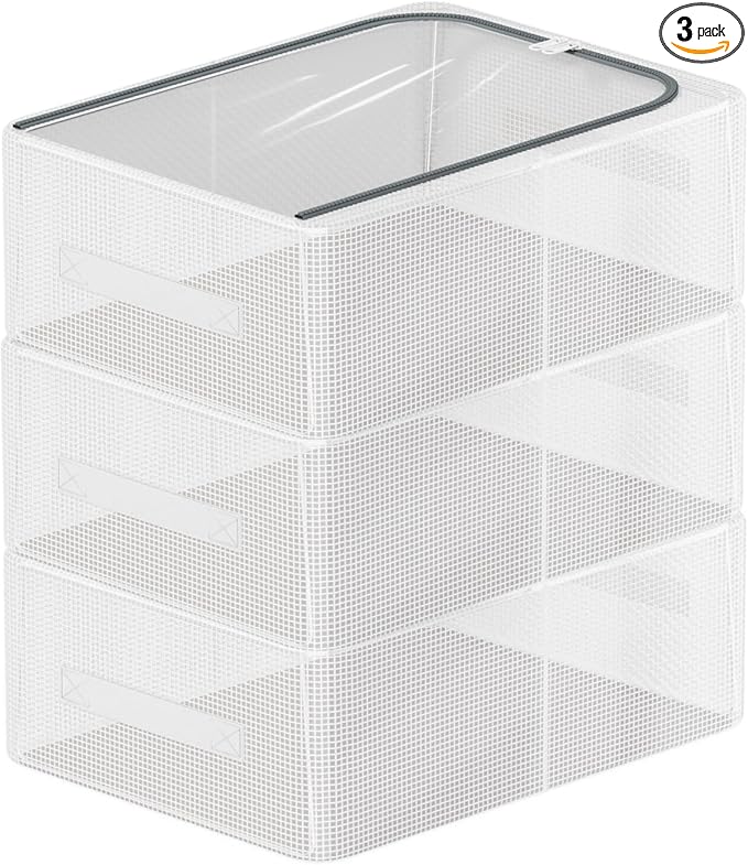 3 Pack Clear Shoe Closet Organizer for Boots Sneaker, 15.8" x 11.8" x 6" | Steel Frame, Waterproof PVC Cloth, Stackable Storage Boxes Bins for Under-Bed, Bedroom Dormitory