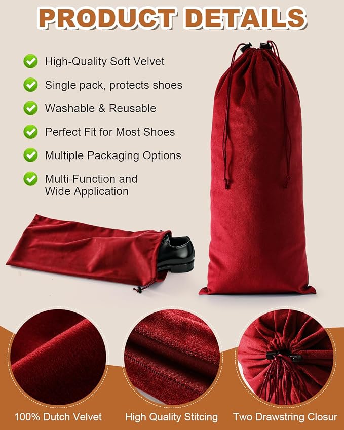 2 Pcs Single Shoe Bags for Travel, Dust Velvet Bag, Rio Red, 17.3x8.6 Inch | Washable & Reusable Travel Shoe Bags, Dustproof Shoe Bags with Drawstring Closure, Suitable for Travel, Home Storage