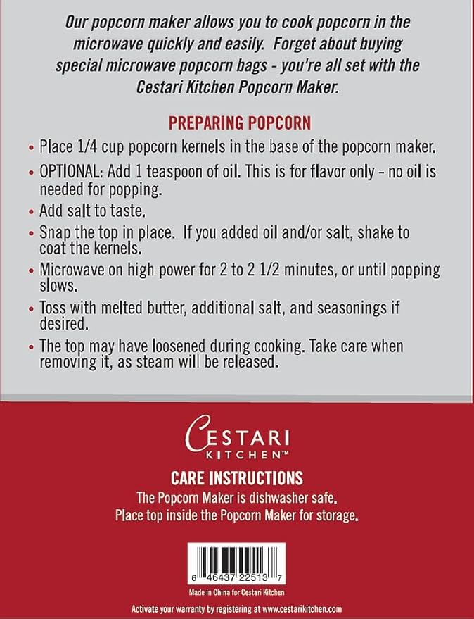 Microwave Popcorn Popper | Replaces Microwave Popcorn Bags | Healthy Air Popped Popcorn - No Oil Needed | BPA Free Premium European Grade Silicone Popcorn Maker by Cestari Kitchen (Red Makes 8 cups)