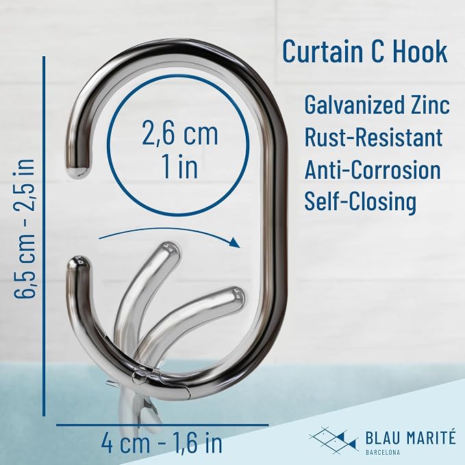 12 Metal Shower Curtain Hooks, Rust-Proof Decorative C-Shaped Curtain Hooks for Bathroom, Chrome Shower Curtain Rings, Fits Rods Up to 1 Inch (C, Silver)
