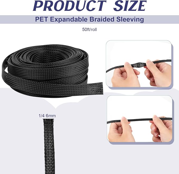 50ft 1/4 Inches Braided Wire Loom Automotive PET Cable Loom | Expandable Braided Cable Sleeving Mesh Wire Loom for TV, Computer, Home Theater, Black