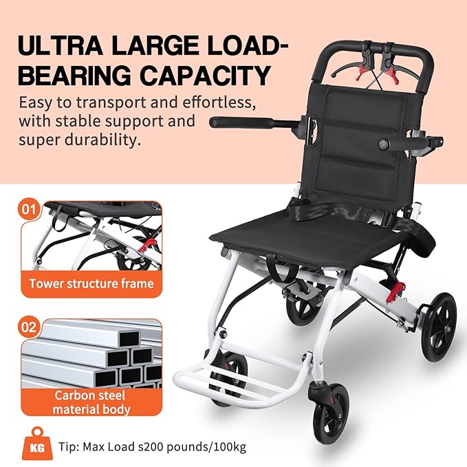 Wheelchairs for Adults,Transport Lightweight Foldable with Flip-up armrests, Portable Folding Travel Wheel Chairs for Seniors（220 lbs Weight Limit）
