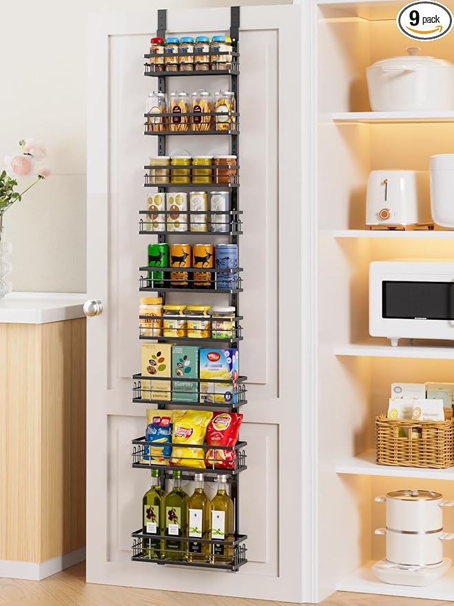 Delamu 9-Tier Over the Door Pantry Organizer, Adjustable Pantry Door Organizers and Storage, Metal Hanging Basket Wall Spice Rack Seasoning Organizer, Door Organizer Kitchen Bedroom Bathroom,12"Black