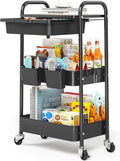 3 Tier Metal Rolling Utility Cart with Drawer & Lockable Wheels - Heavy Duty Multifunctional Storage Organizer with 2 Cups and 4 Hooks for Bathroom, Kitchen, Snack, Craft, Makeup, Baby Essentials